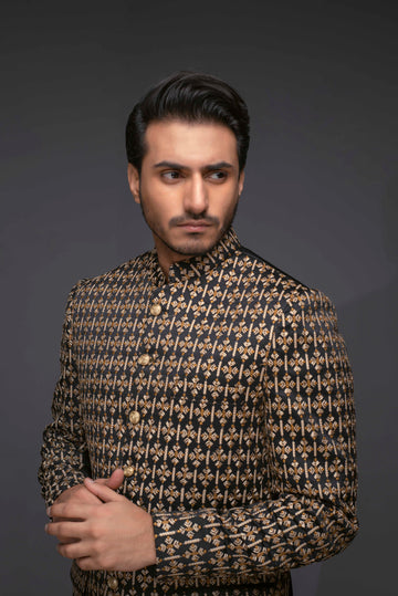 Black Color Golden Embroidered Prince Coat For Men